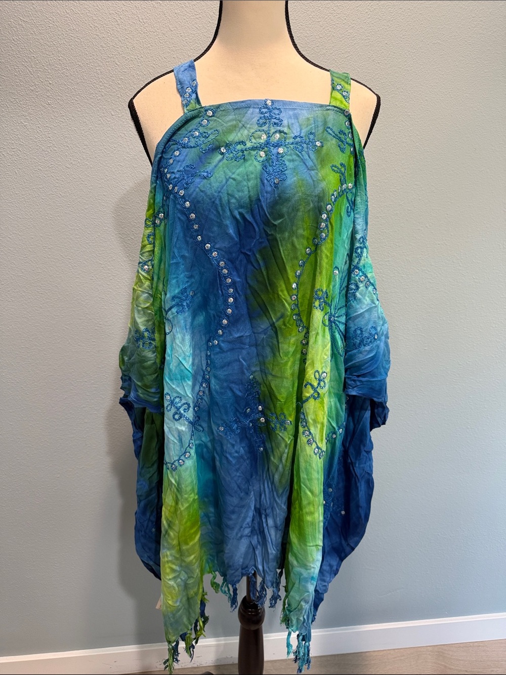 Blue-Green Embellished Women's Swim Coverup - Strappy Boho Tunic
